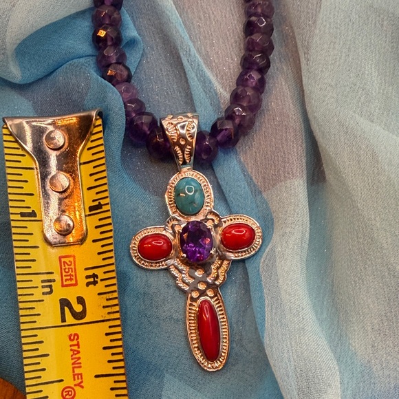 Jay King Amethyst, Turquoise, Red. Coral, & Sterling Silver Cross Necklace. - Picture 7 of 8